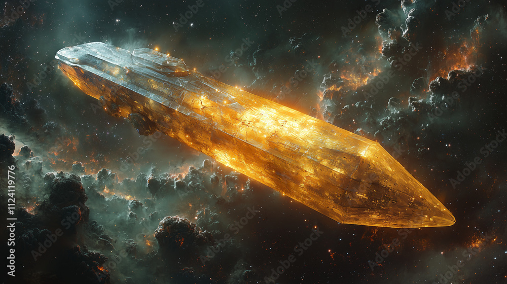 Obraz premium golden crystal spaceship surrounded by a fiery nebula emits an intense light in deep space
