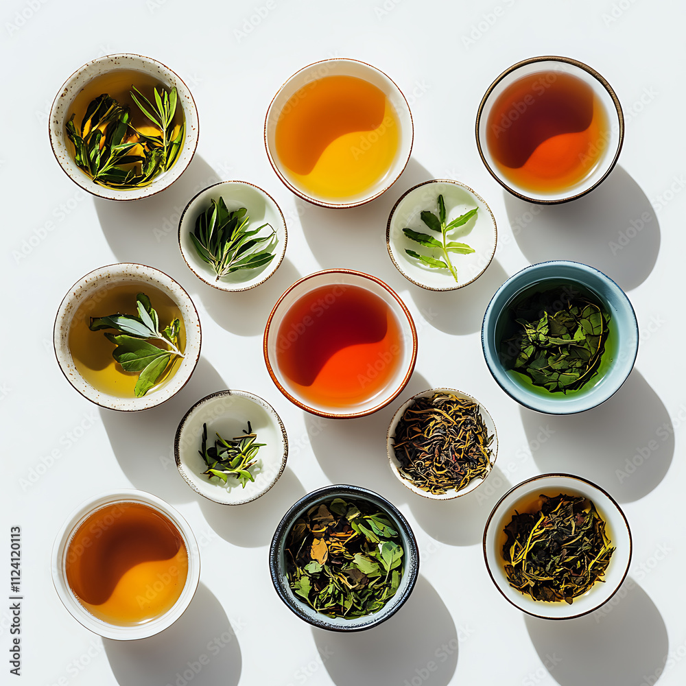 variety of ceramic tea cups filled with different types of tea, showcasing vibrant colors and unique blends. arrangement highlights beauty of tea culture and its diverse flavors variety of ceramic tea cups filled with different types of tea, showcasing vibrant colors and unique blends. arrangement highlights beauty of tea culture and its diverse flavors