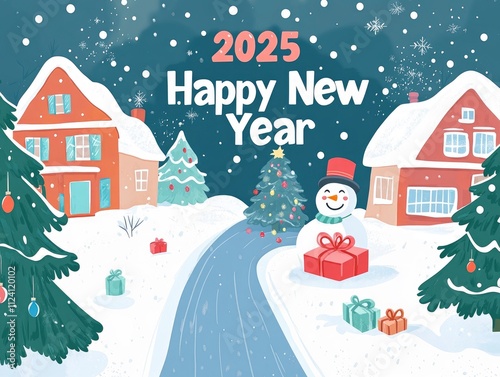 A winter scene with a snowman and a Christmas tree. The snowman is holding a red present. The image is titled Happy New Year