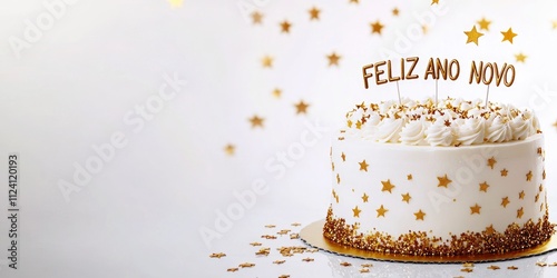 A cake with gold stars and the words Feliz ano novos on it