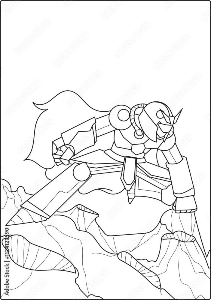 Fototapeta premium Children's coloring book with a black and white outline robot theme.