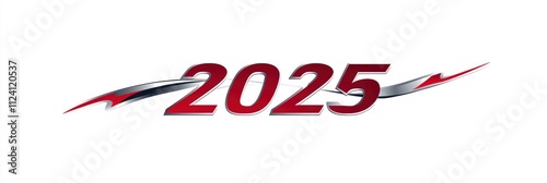 New Year concept, abstract shape of text 2025 in red and silver color against a white background