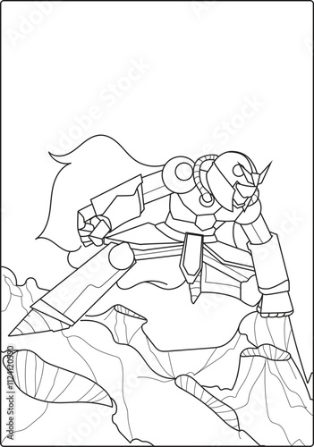 Children's coloring book with a black and white outline robot theme.