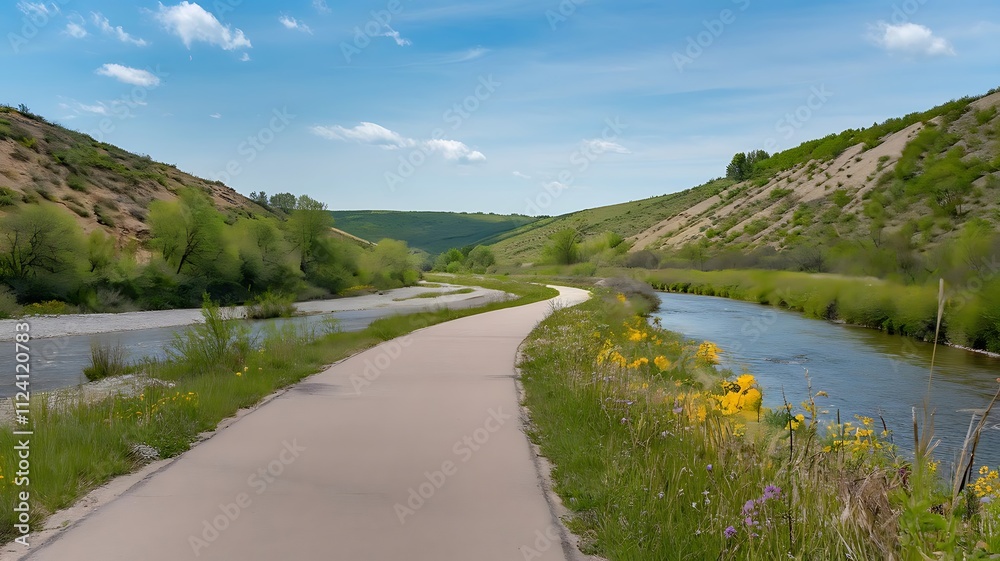 Fototapeta premium A scenic paved bike path winding through a serene valley, bordered by a gently flowing river and vibrant wildflowers in full bloom, under a clear blue sky with distant rolling hills