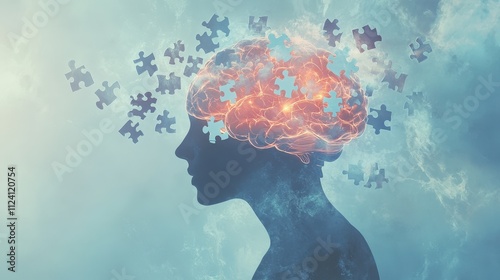 Conceptual human brain silhouette visualization medical neurological memory loss Alzheimer puzzle piece fading cognitive psychological health research concept