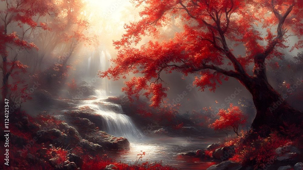 Fototapeta premium A serene autumn landscape featuring vibrant red leaves and a gentle waterfall.