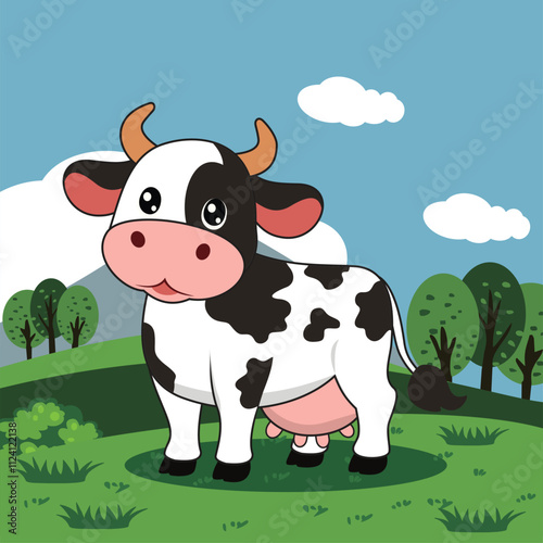 cartoon illustration of a dairy cow in a green meadow