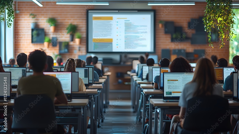 Obraz premium Students engaged in a modern classroom filled with technology and collaboration.