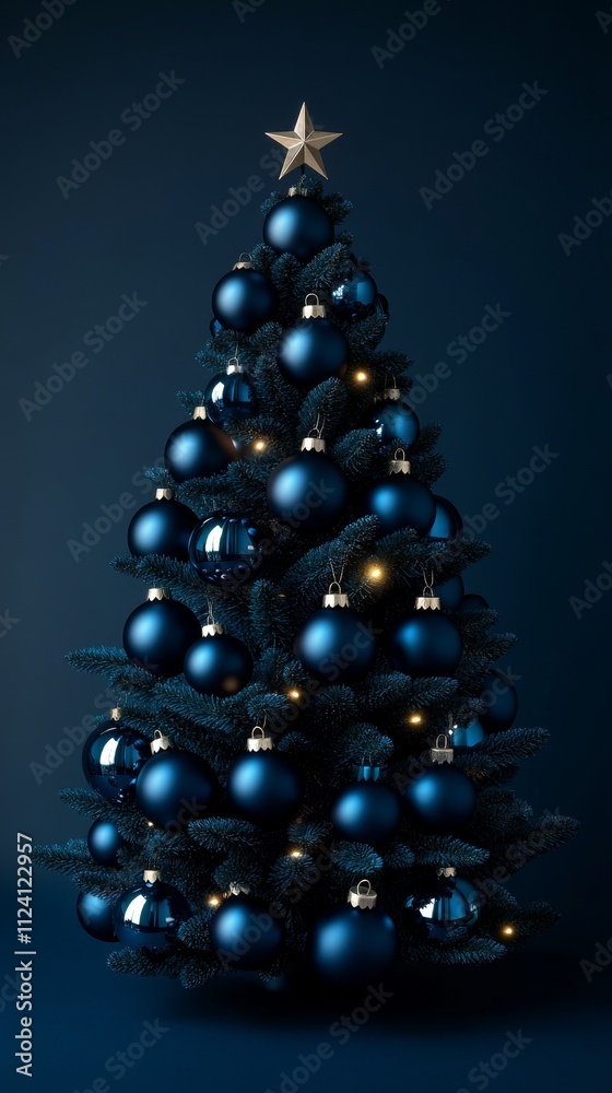 Minimal Christmas Tree Made of Blue Ornaments on a Dark Blue Background with Copy Space. Saratoga signature blue colour