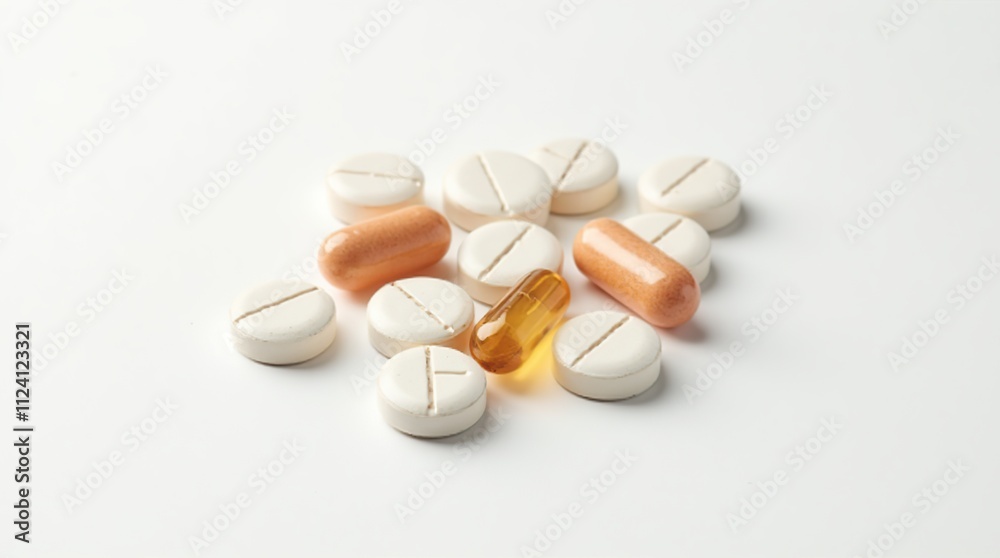 Various Pills and Capsules on a Clean White Background Various Pills and Capsules on a Clean White Background