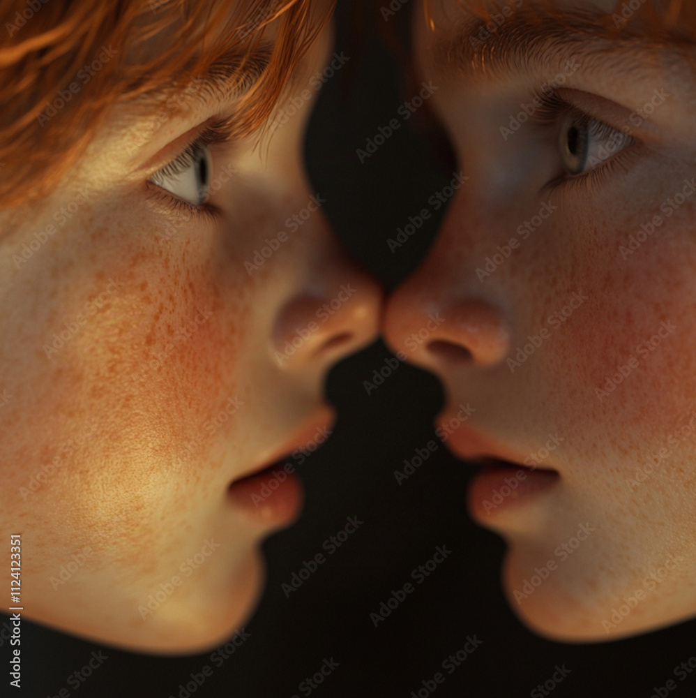 Obraz premium close up two adult female twins side view looking at each other cinematic lifghting .