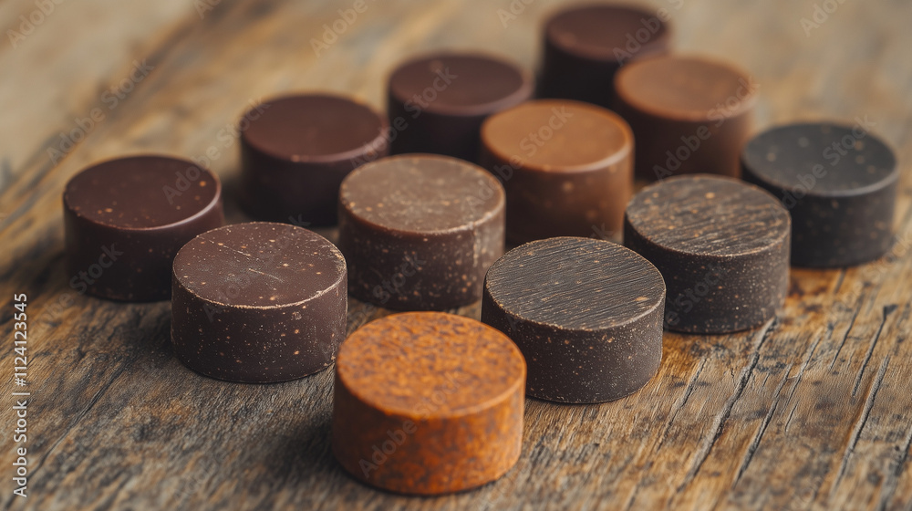 Assorted chocolate discs on rustic wooden surface Assorted chocolate discs on rustic wooden surface