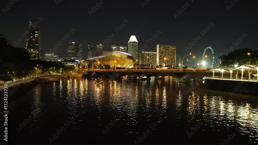 Night scene video shot at Singapore River. Waterfront view of central business district Singapore. Night scene video shot at Singapore River. Waterfront view of central business district Singapore.