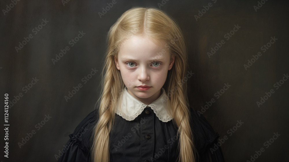 Portrait of a serious young girl with blonde braided hair, wearing a black dress with a white lace collar, set against a dark, vintage-style background. Gothic atmosphere. Portrait of a serious young girl with blonde braided hair, wearing a black dress with a white lace collar, set against a dark, vintage-style background. Gothic atmosphere.