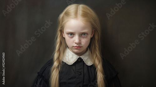 Portrait of a serious young girl with blonde braided hair, wearing a black dress with a white lace collar, set against a dark, vintage-style background. Gothic atmosphere.