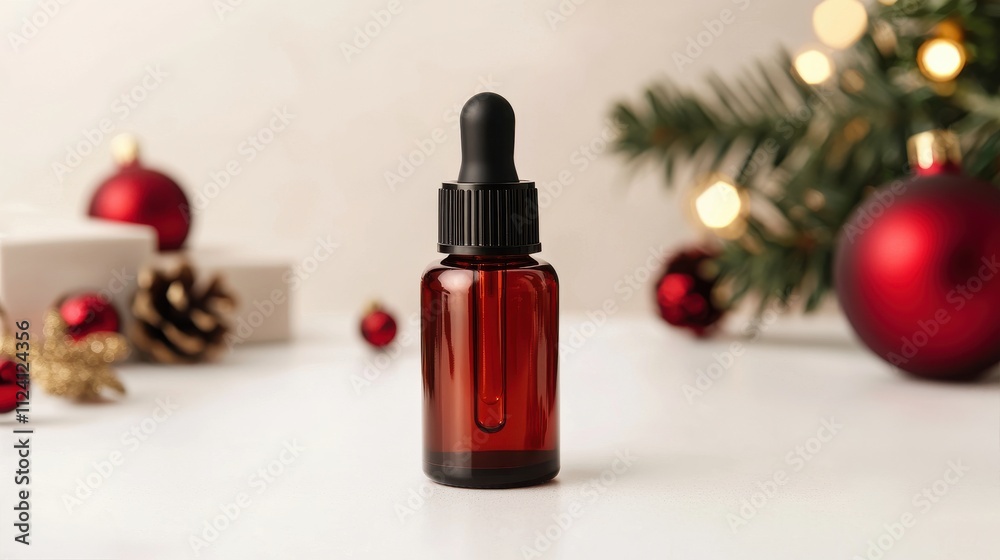 A small amber dropper bottle sits on a table adorned with festive Christmas decorations, including ornaments and pine branches. A small amber dropper bottle sits on a table adorned with festive Christmas decorations, including ornaments and pine branches.