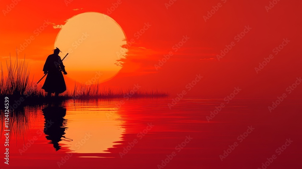 A silhouette of a samurai against a vibrant sunset reflecting on calm waters.