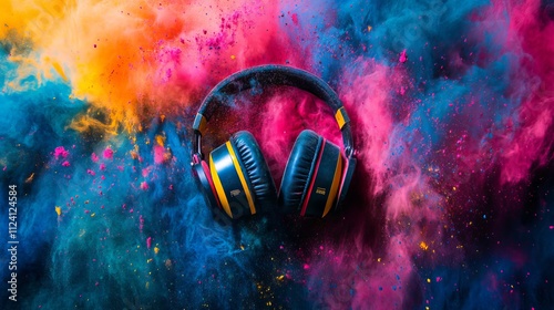 Headphones surrounded by vibrant color powder explosion at a creative music festival celebration

