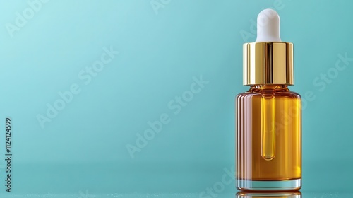 A sleek glass dropper bottle filled with amber oil, set against a soft teal background, conveying a sense of luxury and skincare.