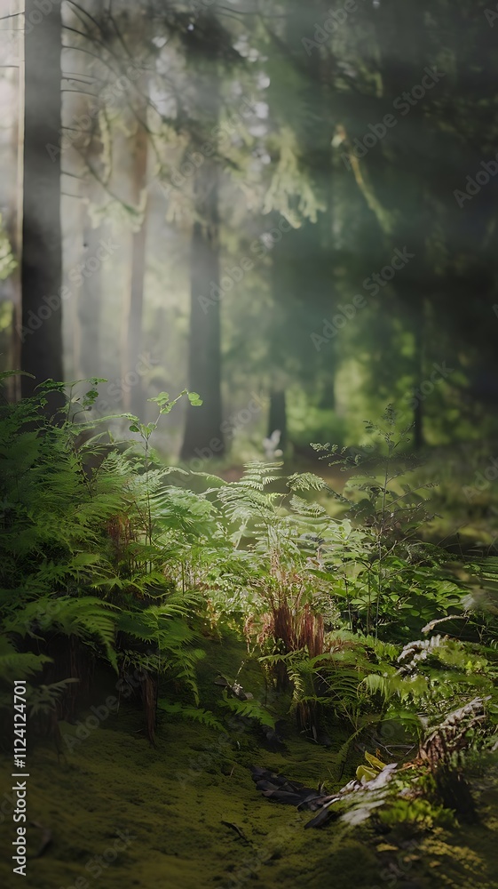 Fototapeta premium Sunlight filtering through dense forest canopy, illuminating the lush green undergrowth, creating a serene and mystical atmosphere. 