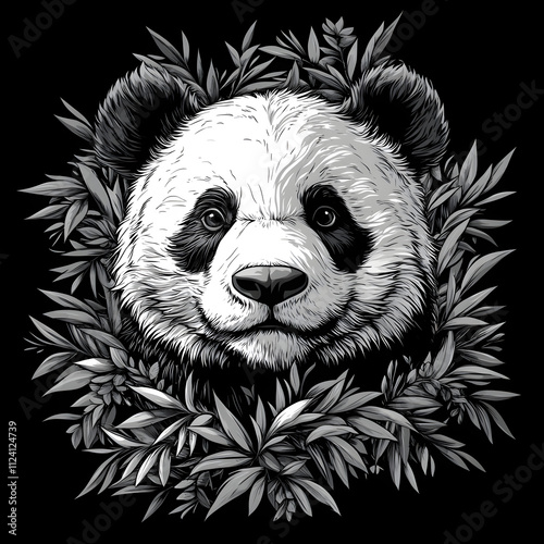 Majestic Panda Bear Face in Greenery  Black and White Illustration photo