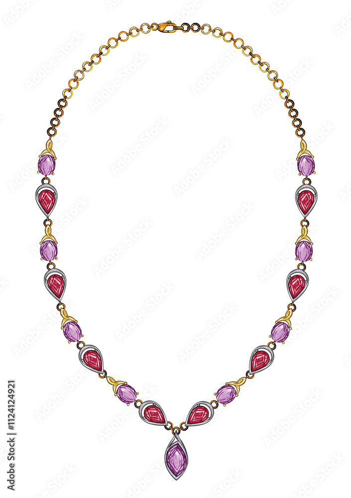 Jewelry design modern art necklace set with ruby and amethyst hand drawing. Jewelry design modern art necklace set with ruby and amethyst hand drawing.