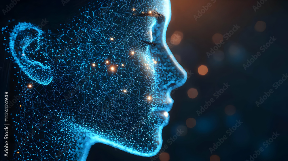 Digital Face: Network, Nodes, Data, Points, Glows,  Connections,  Future,  Technology,   Background