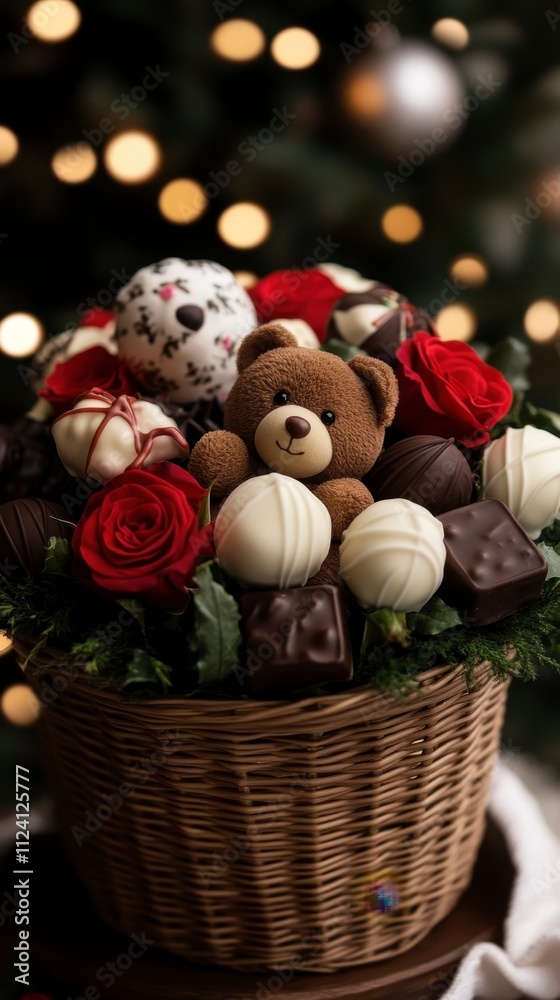 Sweet gift basket with teddy bear and assorted chocolates Sweet gift basket with teddy bear and assorted chocolates