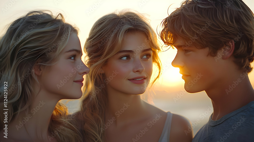 Sunset Romance: Young Adults Gaze into Golden Hour Sunset Romance: Young Adults Gaze into Golden Hour