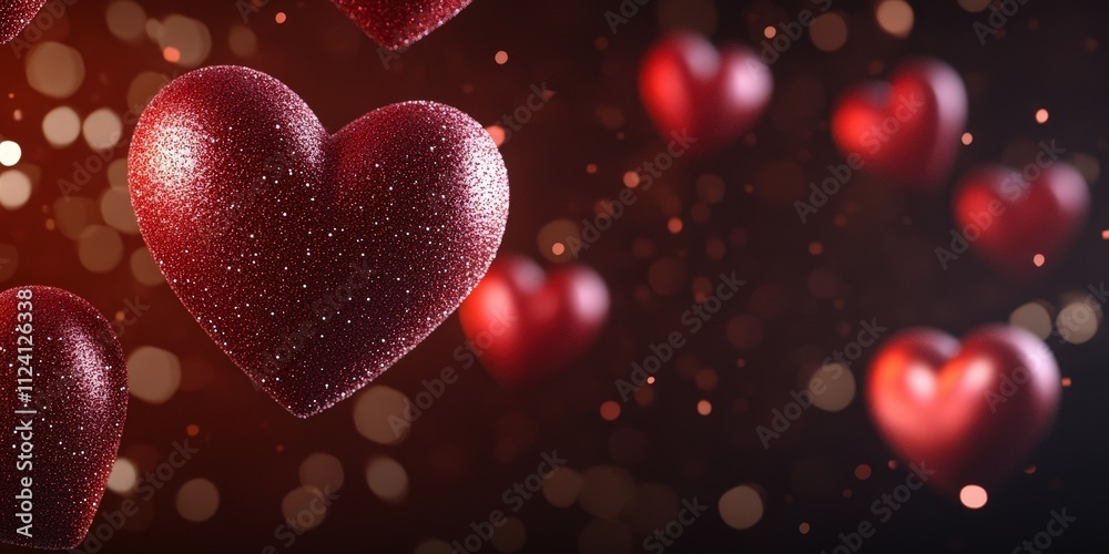 Sparkling Red Hearts Floating on Dark Background with Bokeh Effect Sparkling Red Hearts Floating on Dark Background with Bokeh Effect