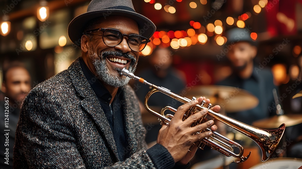 Obraz premium Smiling Black man with glasses playing the trumpet at a lively jazz venue.