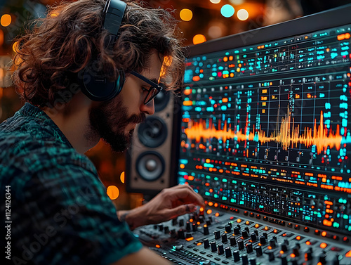 Audio Engineer Mixing Music Tracks on Studio Console photo