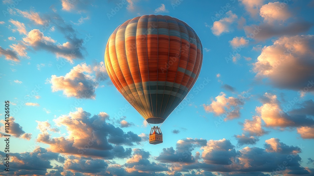 Fototapeta premium A colorful hot air balloon soaring through a vibrant sky at sunset.