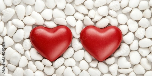 Two Red Hearts on White Pebbles for Romantic or Valentine's Themes
