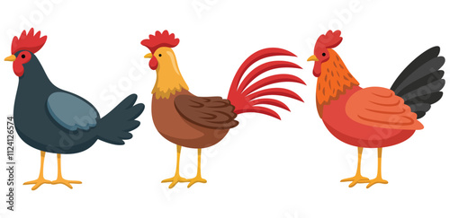 Three vibrant rooster vector illustrations in minimalist style, showcasing colorful feathers and simple designs