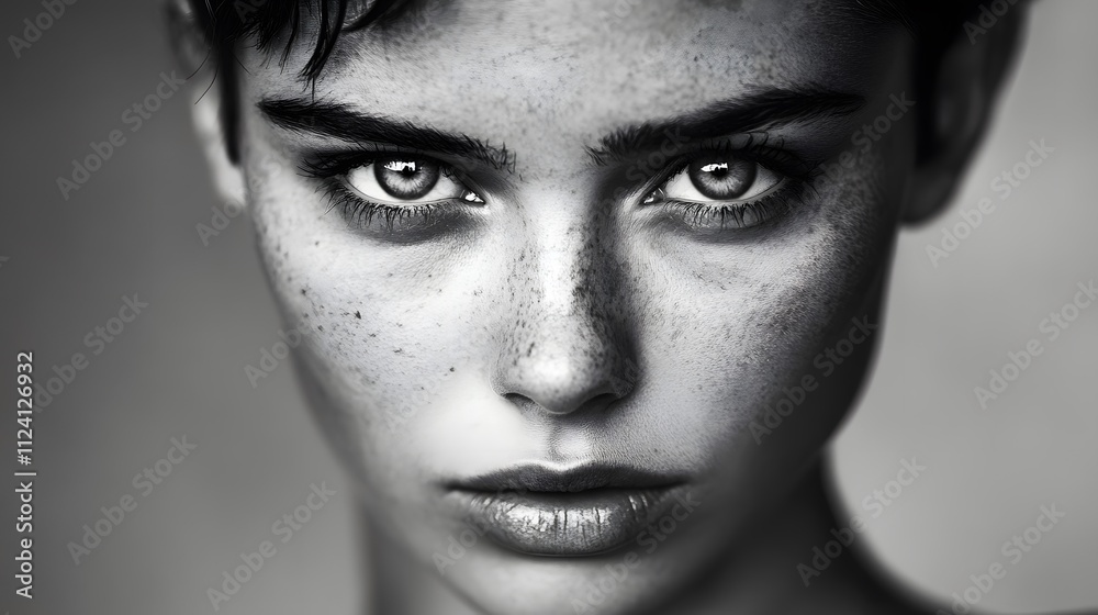 Fototapeta premium A close-up black and white portrait of a young woman