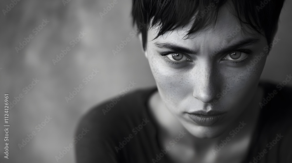 A close-up black and white portrait of a young woman A close-up black and white portrait of a young woman
