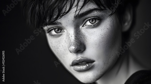 A close-up black and white portrait of a young woman