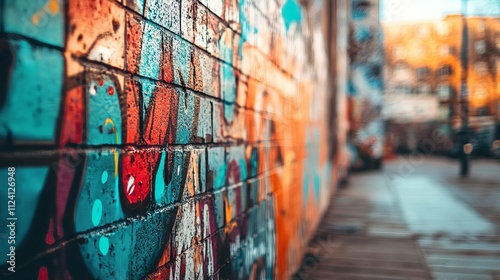 Urban graffiti art in a gritty city neighborhood with blurred background and ample copy space