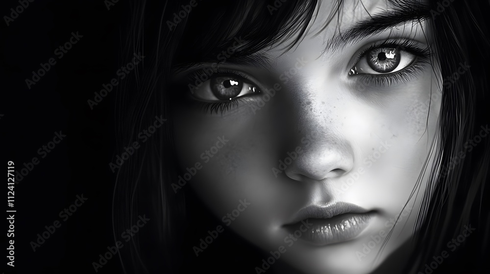 A close-up black and white portrait of a young woman A close-up black and white portrait of a young woman