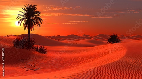 Breathtaking sunset over a tranquil desert landscape with palm trees.