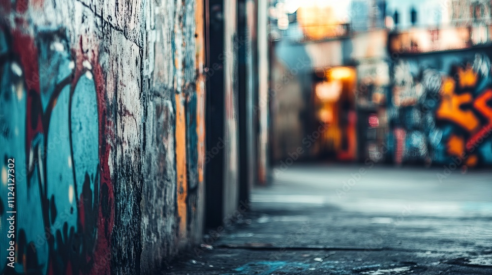 Fototapeta premium Urban graffiti art in a gritty city neighborhood with blurred background and ample copy space