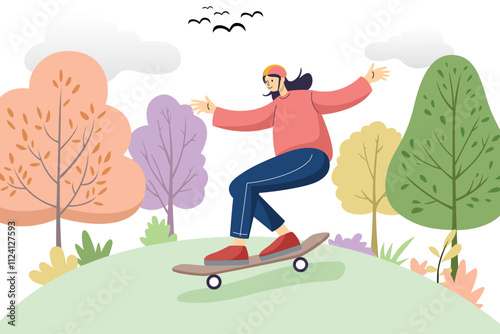 A young woman in casual attire skateboards in a vibrant park surrounded by colorful autumn trees and clouds, vector illustration.