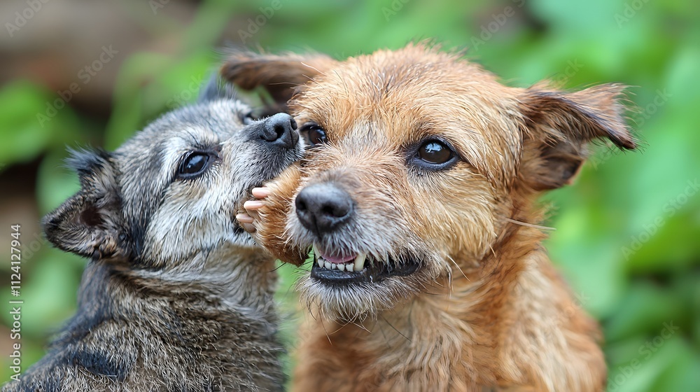 Two playful dogs share a moment of affection outdoors. Two playful dogs share a moment of affection outdoors.