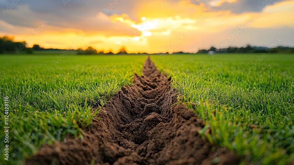 A vibrant sunset over freshly plowed farmland with rich soil and green grass. A vibrant sunset over freshly plowed farmland with rich soil and green grass.