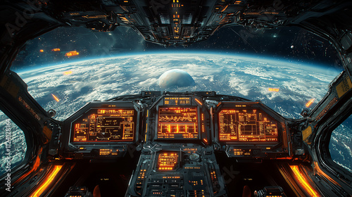 space shuttle cockpit with clear view of the earth and moon from high orbit