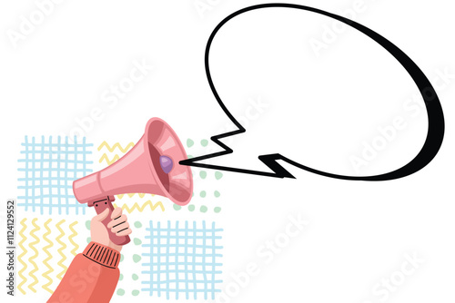 Vector illustration of a pink megaphone with a speech bubble, representing announcements, creativity, and promotion.