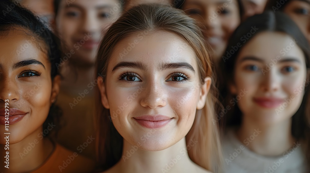 Smiling young women of diverse backgrounds posing together in a cheerful group. Smiling young women of diverse backgrounds posing together in a cheerful group.