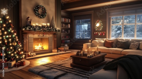 Cozy Christmas living room with fireplace, tree, and presents. (8)