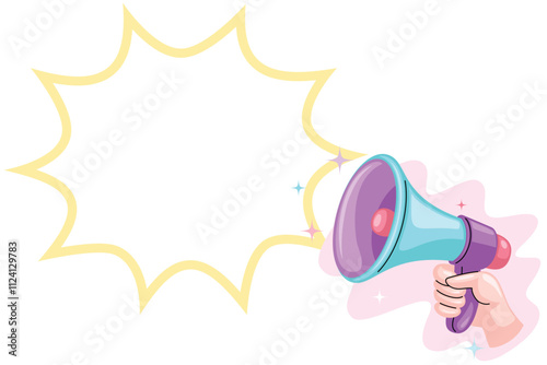 Vector illustration of a colorful megaphone with a decorative speech bubble, symbolizing communication and expression.
